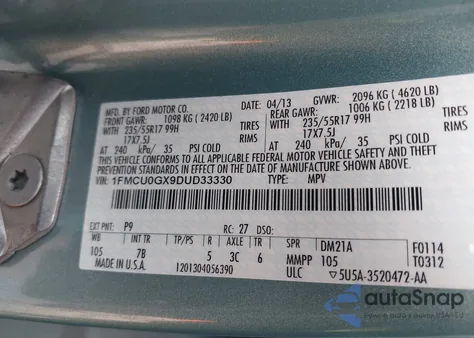 2013 Ford Escape Se from USA, damaged, VIN 1FMCU0GX9DUD33330